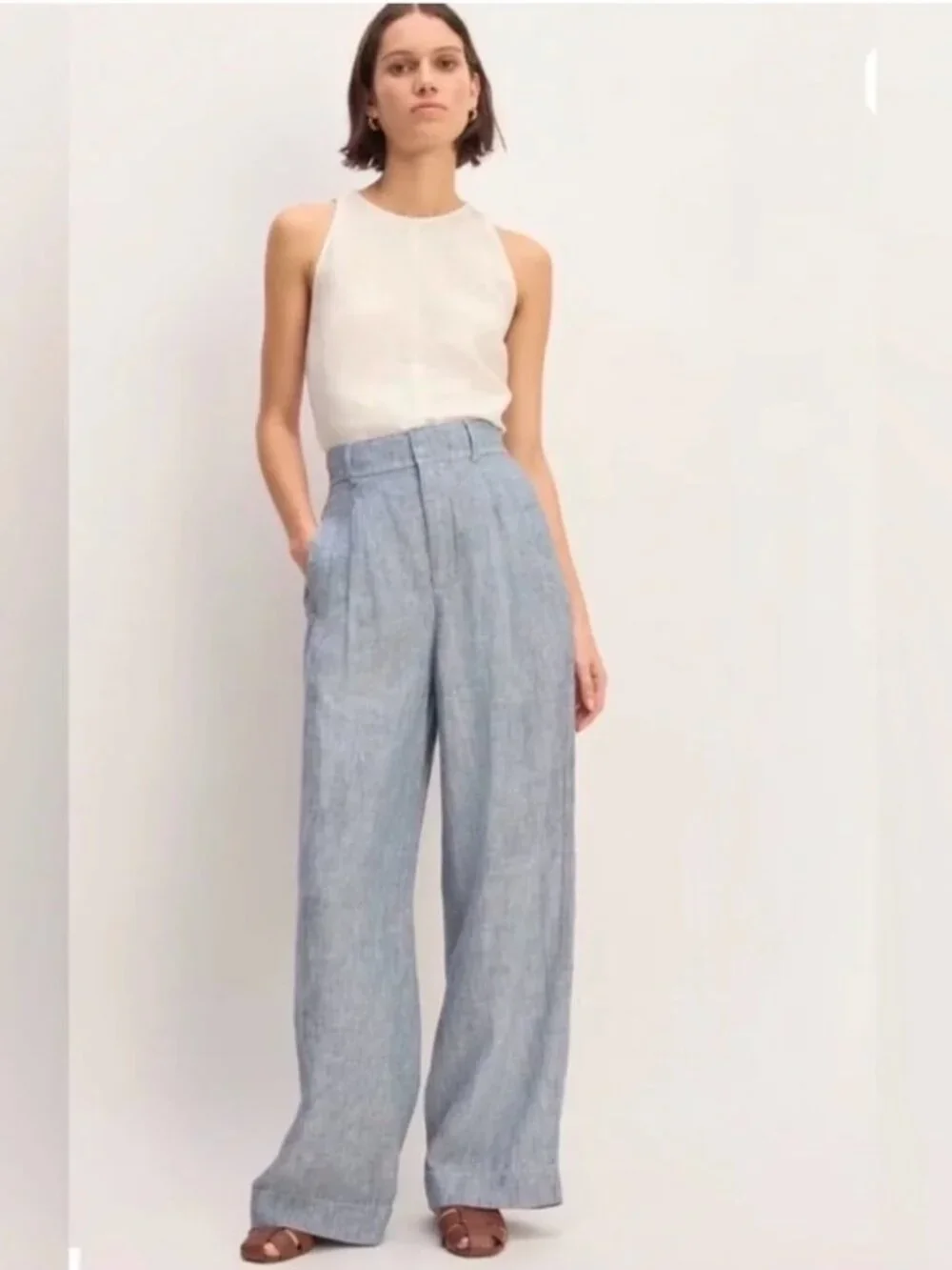 EVERLANE, The Way-High Drake Pant Women's 100% Linen Wide-Leg,  Blue Striped, 12